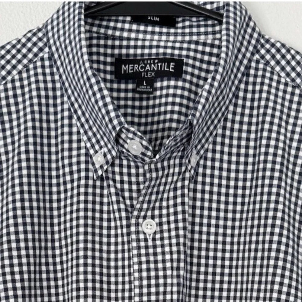 J. CREW Mercantile‎ Flex Men's L Dress Shirt Long Sleeve Navy Blue Gingham Slim